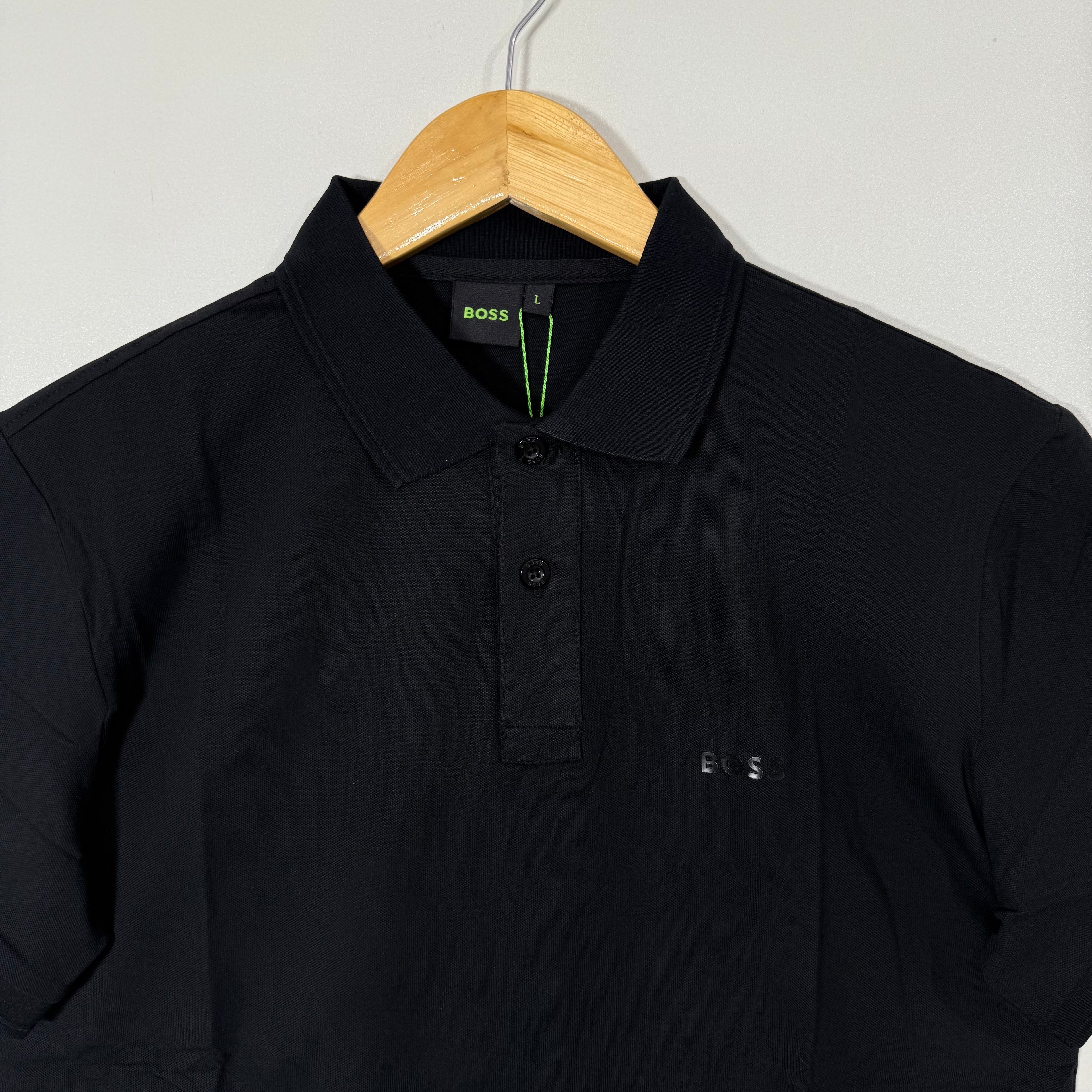 BOSS GREEN LOGO COTTON POLO TSHIRT BLACK COLOUR