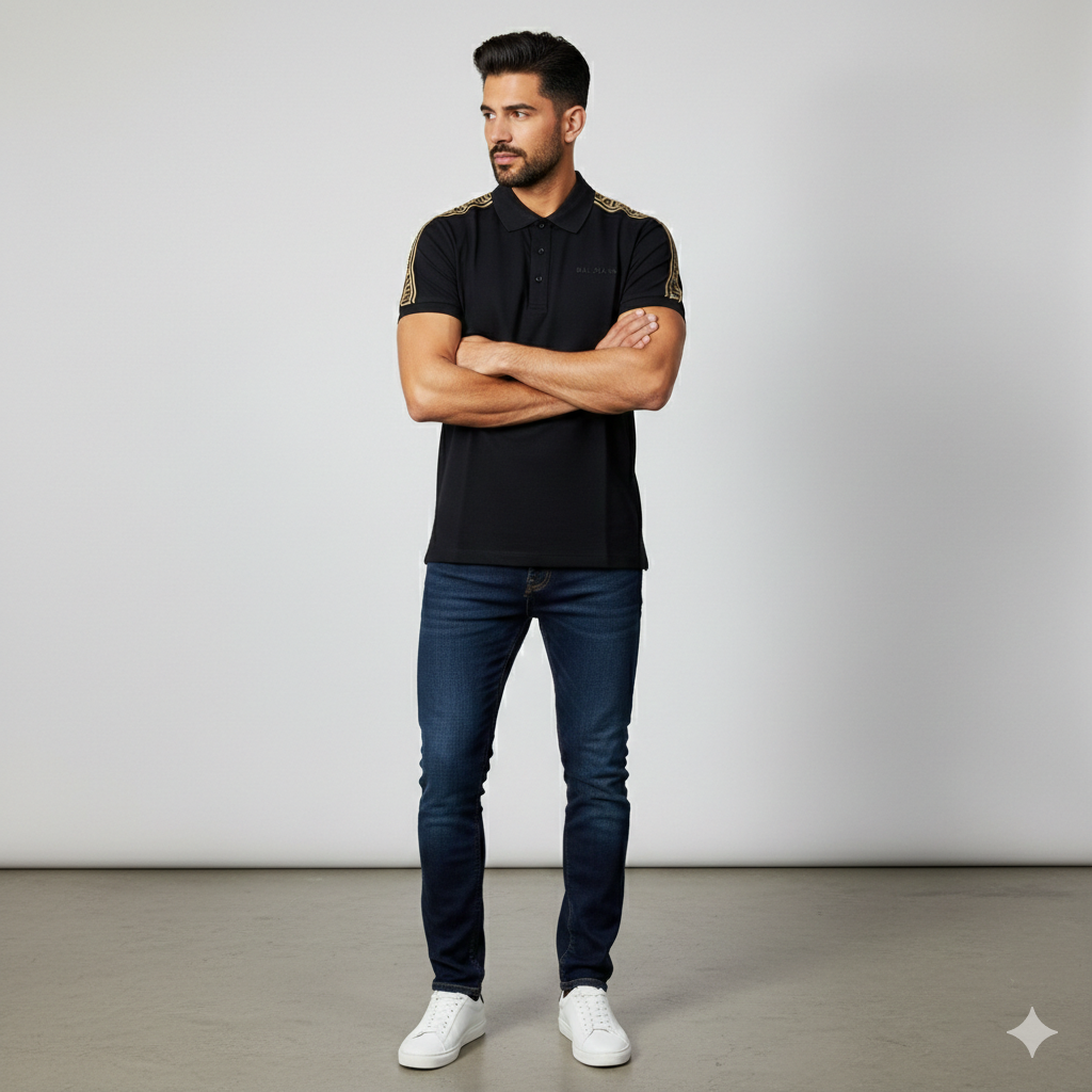 BALMAIN PARIS COTTON POLO TSHIRT BLACK